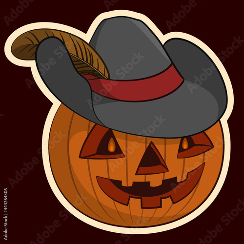 Halloween Holiday Symbol, Pumpkin O Lantern in the Hat with a Plume, Isolated on White Background. Vector