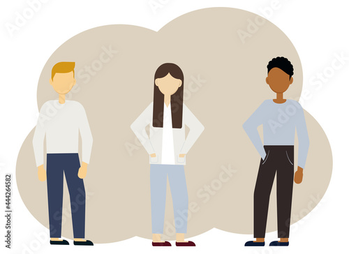 Illustration of multi-ethnic stylish men and women. Communication