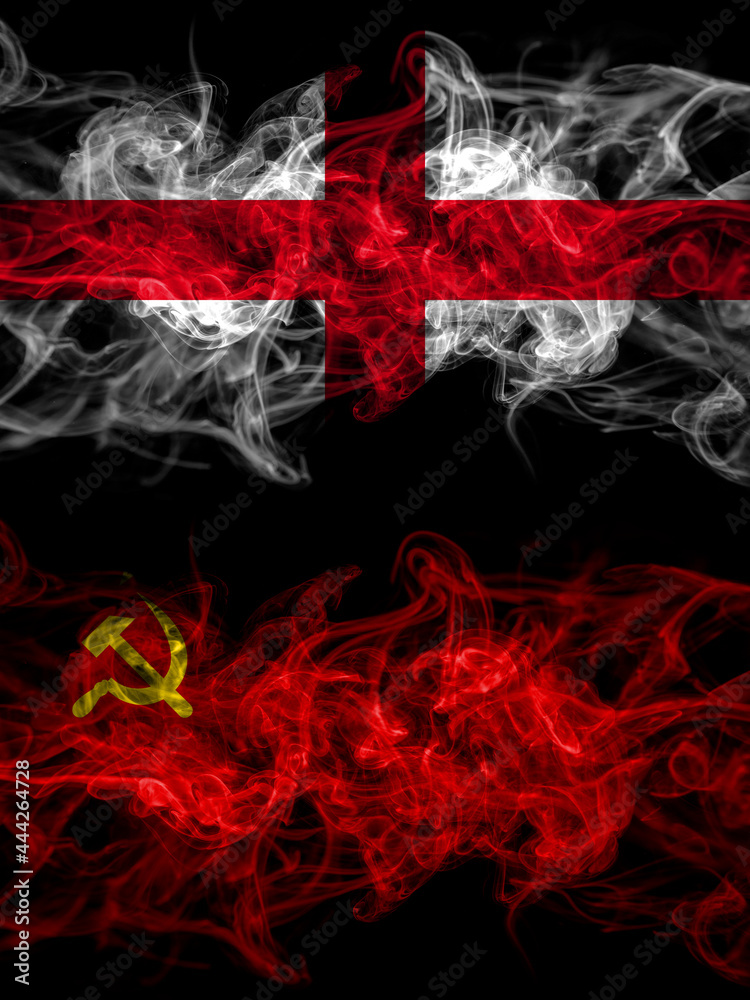 Flag of England, English and USSR, Soviet, Russia, Russian, Communism countries with smoky effect Flag of England, English and USSR, Soviet, Russia, Russian, Communism countries with smoky effect