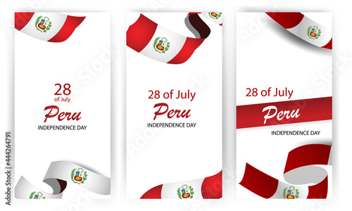 Independence Day of Peru, festive banner with balloons and ribbons. Peru flag.