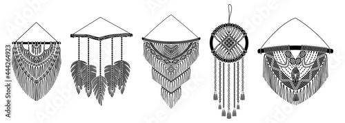 Set of vector macrame murals in boho style. Simple style