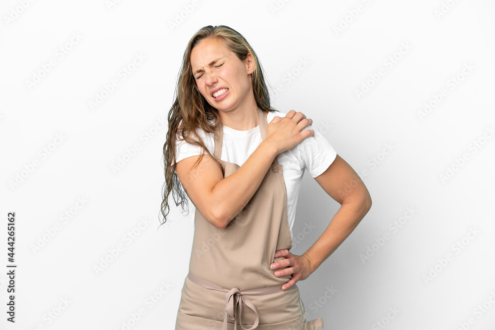 Restaurant waiter caucasian woman isolated on white background suffering from pain in shoulder for having made an effort Restaurant waiter caucasian woman isolated on white background suffering from pain in shoulder for having made an effort