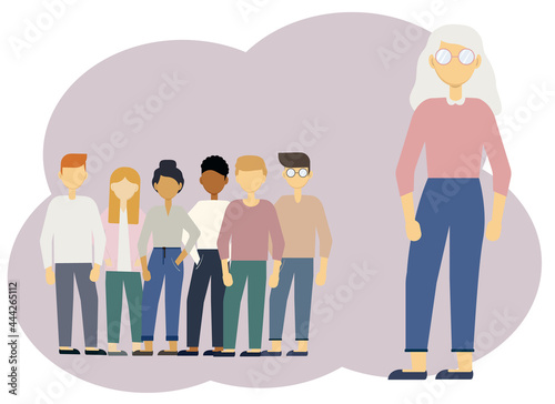 Illustration of one woman of large size and against the background of many different people of smaller size