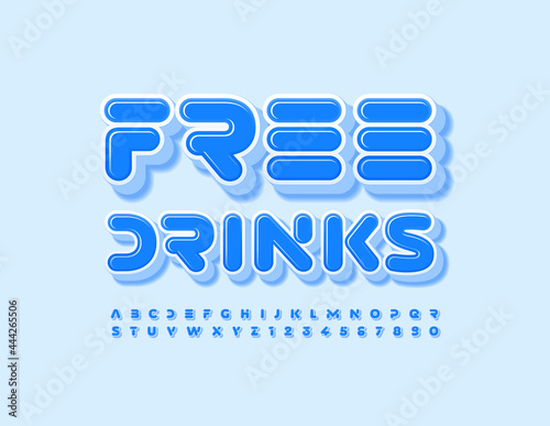 Vector promo flyer Free Drinks. Blue Abstract Font. Set of creative 3D Alphabet Letters and Numbers