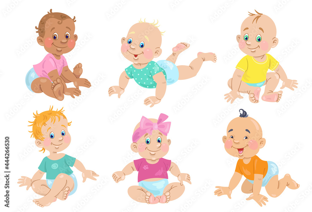 Six cute babes. Happy children of different skin colors in different poses. In cartoon style. Isolated on white background. Vector illustration