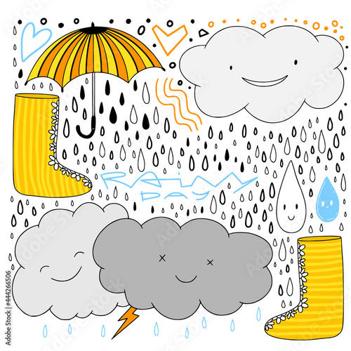 Rainy weather illustrated doodles. Clouds, umbrella and rubber boots. Hand drawn sketch illustration.