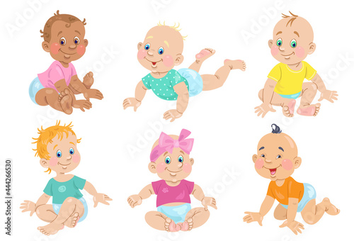 Six cute babes. Happy children of different skin colors in different poses. In cartoon style. Isolated on white background. Vector illustration