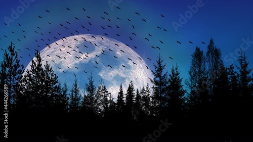 Migrating birds flying past a giant moon over a forest silhouette.