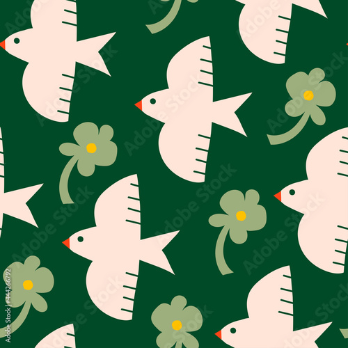 Simple Flowers and flying Birds. Hand drawn abstract Vector Seamless Pattern. Square Background. Naive art, Infantile Style Art. Colorful trendy illustration
