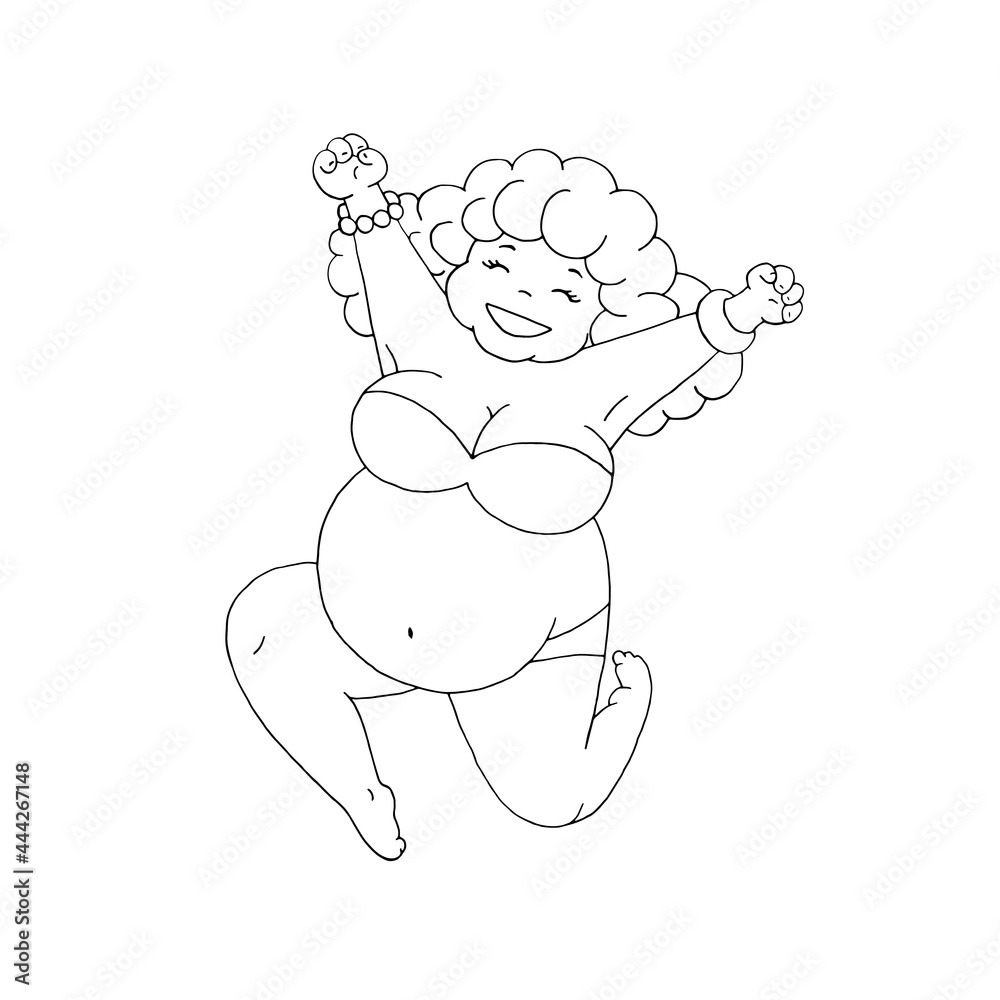 Obraz premium Cheerful woman in a curvaceous swimsuit. Leap for joy. Happiness. Excess weight. Body positive. Summer. Beach. Vector. Doodle. Hand-drawn illustration. Silhouette. Black and white outline. Coloring.