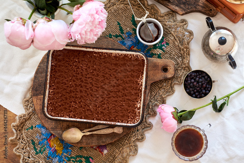 Homemade tiramisu. Top view. photo