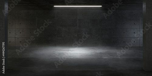 Atmospheric light in the modern futuristic underground showroom with a concrete wall. photo
