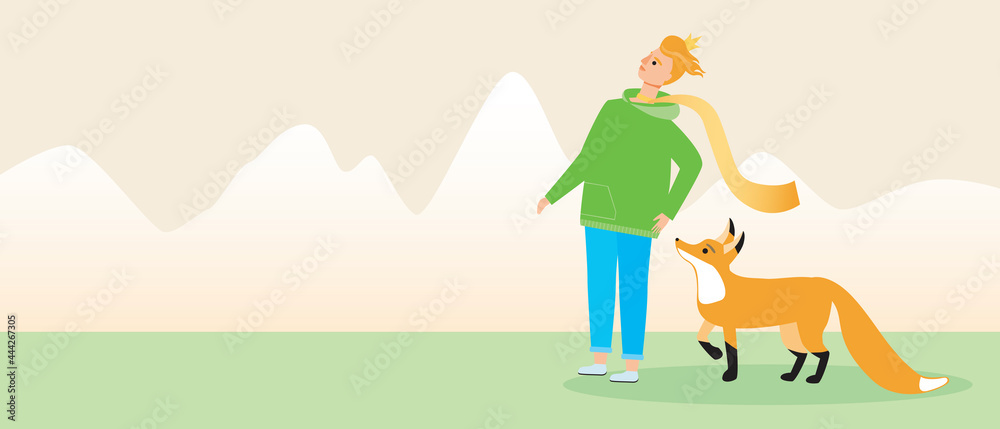 Fototapeta premium Little prince and fox, copy space template, flat vector stock illustration with taming fox or friend as character from book