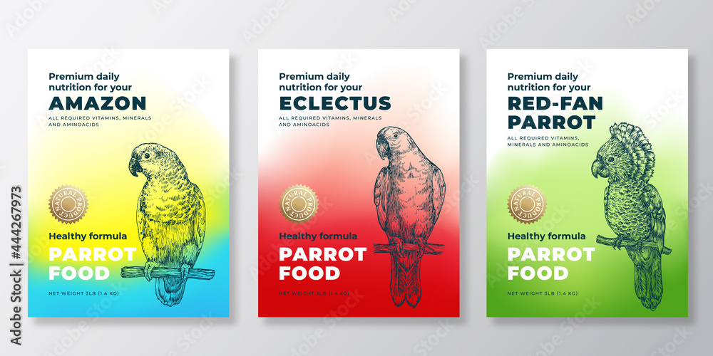 Pet Bird Food Product Label Templates Set. Abstract Vector Packaging Design Layouts. Modern Typography Banners with Hand Drawn Amazon, Eclectus and Red Fan Parrot Sketch Backgrounds Collection