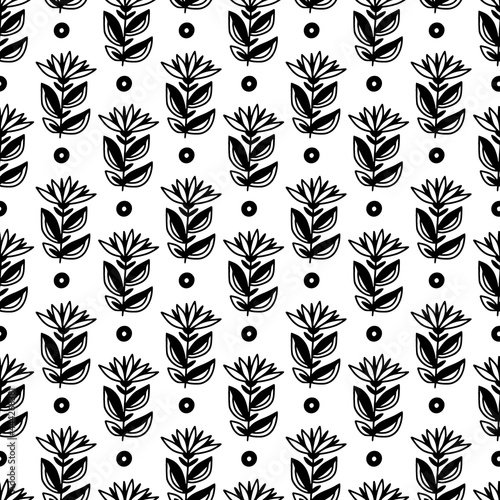 Flowers and dots pattern. Hand drawn minimal floralseamless background.
