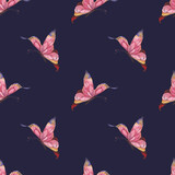Seamless watercolor pattern with pink abstract butterflies fluttering on a blue background. Summer pattern for fabrics. dresses, bed linen, packaging