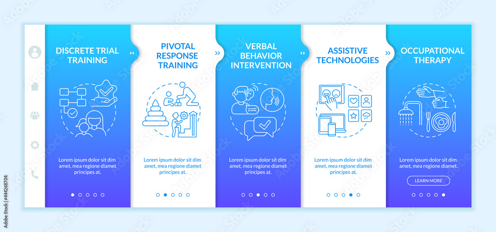 ASD treatment methods onboarding vector template. Responsive mobile website with icons. Web page walkthrough 5 step screens. Verbal behavior intervention color concept with linear illustrations ASD treatment methods onboarding vector template. Responsive mobile website with icons. Web page walkthrough 5 step screens. Verbal behavior intervention color concept with linear illustrations