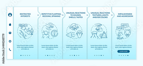 ASD diagnosis onboarding vector template. Responsive mobile website with icons. Web page walkthrough 5 step screens. Unusual reactions to lights, sounds, colors color concept with linear illustrations