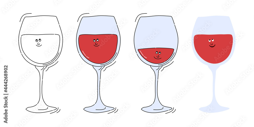 Red wine glassware with smile face on white background. Cartoon sketch graphic design. Doodle style with black contour line. Cute hand drawn glass. Party drinks concept. Kawaii freehand drawing style Red wine glassware with smile face on white background. Cartoon sketch graphic design. Doodle style with black contour line. Cute hand drawn glass. Party drinks concept. Kawaii freehand drawing style