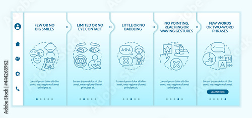 Asperger syndrome signs in kids onboarding vector template. Responsive mobile website with icons. Web page walkthrough 5 step screens. Few words phrases color concept with linear illustrations