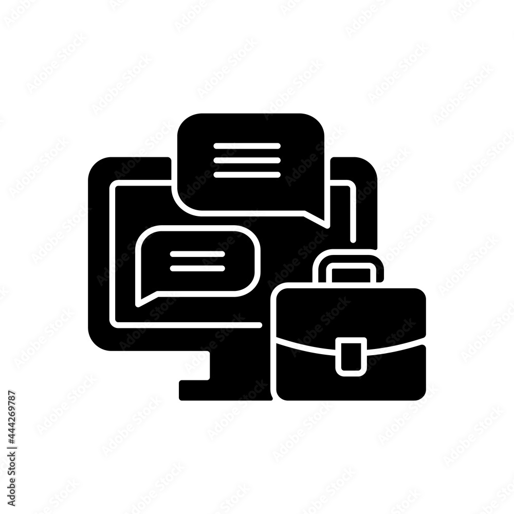 Workplace chat black glyph icon. Business chat for remote employee. Communication with coworkers. Distant collaboration. Work monitoring. Silhouette symbol on white space. Vector isolated illustration Workplace chat black glyph icon. Business chat for remote employee. Communication with coworkers. Distant collaboration. Work monitoring. Silhouette symbol on white space. Vector isolated illustration