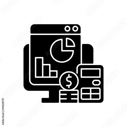 Cost management black glyph icon. Business finance planning. Strategy for economics. Service for tracking money. Work monitoring tools. Silhouette symbol on white space. Vector isolated illustration