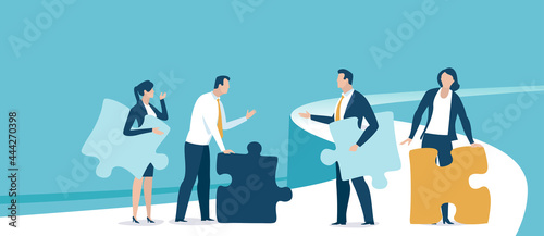 People holding puzzle elements. The concept of problem solving and finding a solution. Vector illustration.
