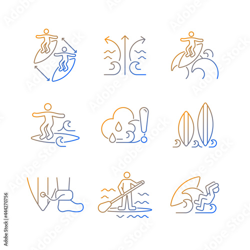 Water activities gradient linear vector icons set. Surfing maneuvers. Keeping distance. Rip currents. Floater. Thin line contour symbols bundle. Isolated vector outline illustrations collection