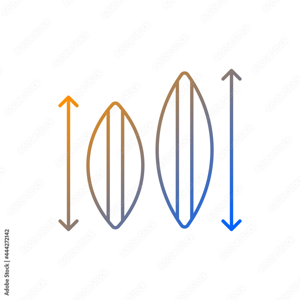 Choosing surfboard size gradient linear vector icon. Depending on