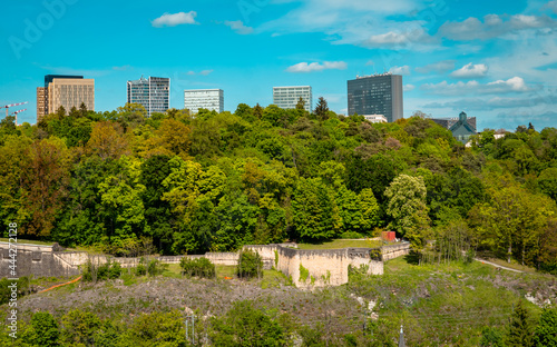 Panoramic view of the skyscrapers of Kirchberg, Luxembourg with greenery and the European Court of Justice © Jack Krier