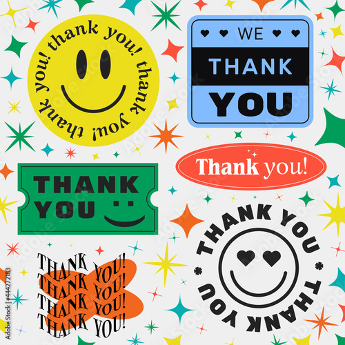 Set of Thank You cool trendy stikers vector design. Thanksgiving abstract background.