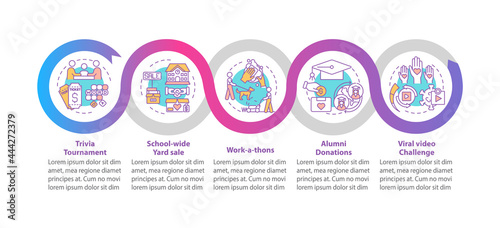 Money donation ideas vector infographic template. Work-a-thons presentation outline design elements. Data visualization with 5 steps. Process timeline info chart. Workflow layout with line icons