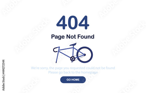 Vector illustration 404 error web page with broken bicycle without wheel. System error, broken page. Web Template. Blue. Eps 10