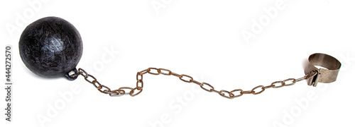 Photographie Heavy metal ball on a chain and a fastener for a prisoner or slave isolated on w