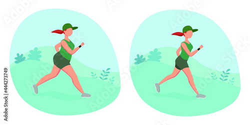 Young running girl in 2 body types: slim and not slim. Runners in the park. Vector illustration set. Sport, Workout, Cardio , Healthy lifestyle, Fitness, Training, Running concept