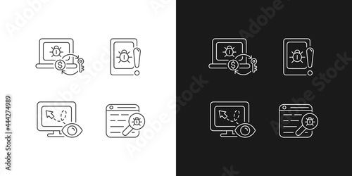 Internet censorship linear icons set for dark and light mode. Ransomware. Cell phone bugging. Web bug. Customizable thin line symbols. Isolated vector outline illustrations. Editable stroke