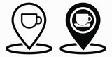 Location of the cafe. GPS and cup. Point on the recreation map. Restaurant icon. Vector icon.