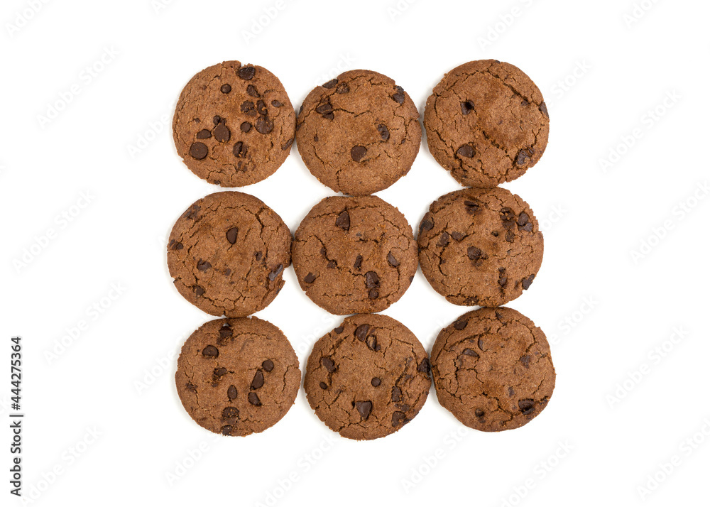 Brown biscuits with a chocolate chips isolated on white background. Brown biscuits with a chocolate chips isolated on white background.