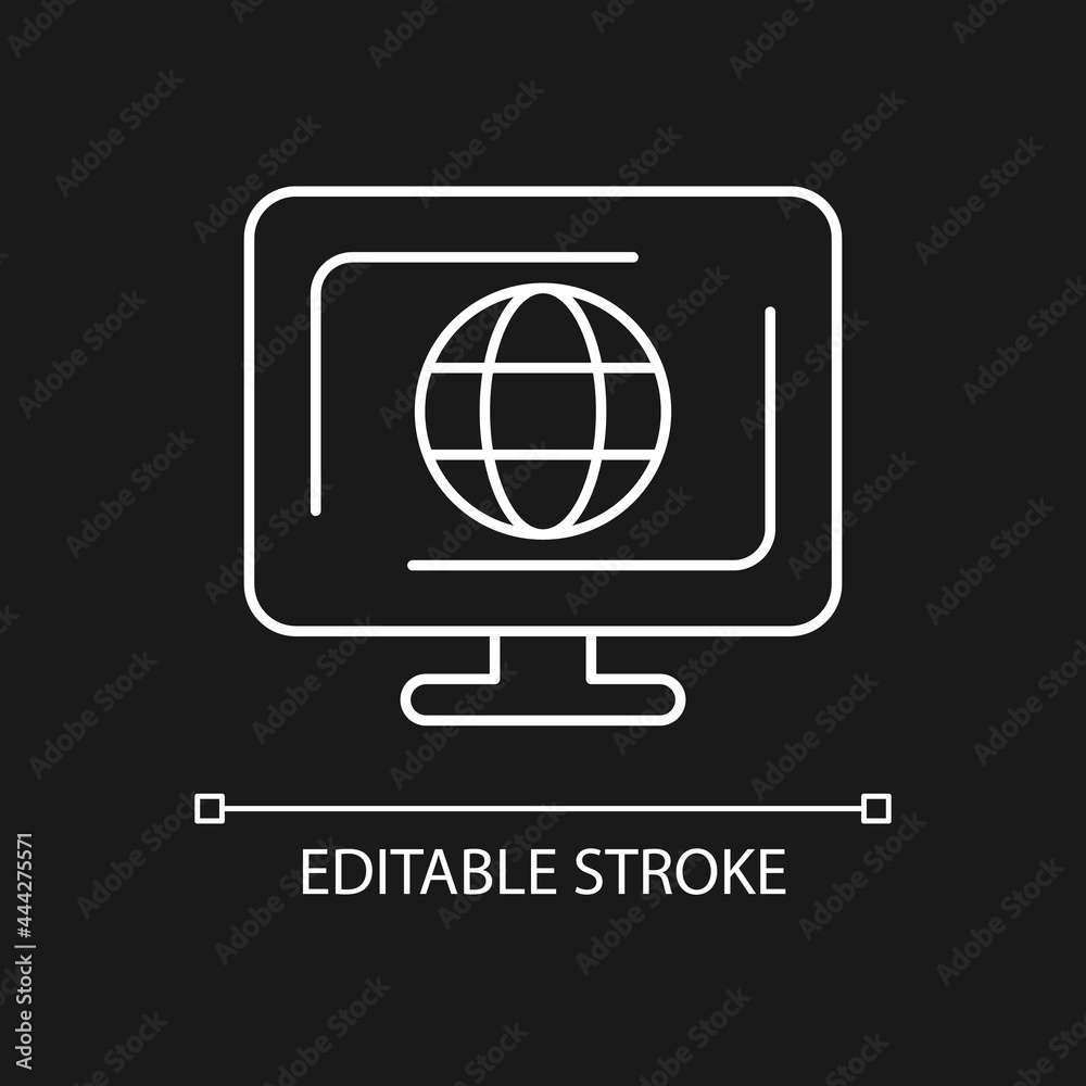 Cyberspace white linear icon for dark theme. Virtual computer world. Internet environment. Thin line customizable illustration. Isolated vector contour symbol for night mode. Editable stroke Cyberspace white linear icon for dark theme. Virtual computer world. Internet environment. Thin line customizable illustration. Isolated vector contour symbol for night mode. Editable stroke
