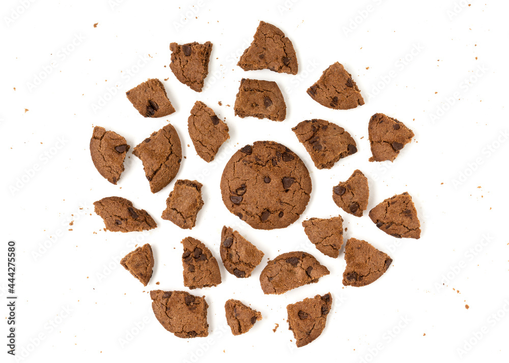 Brown biscuits with a chocolate chips isolated on white background. Brown biscuits with a chocolate chips isolated on white background.