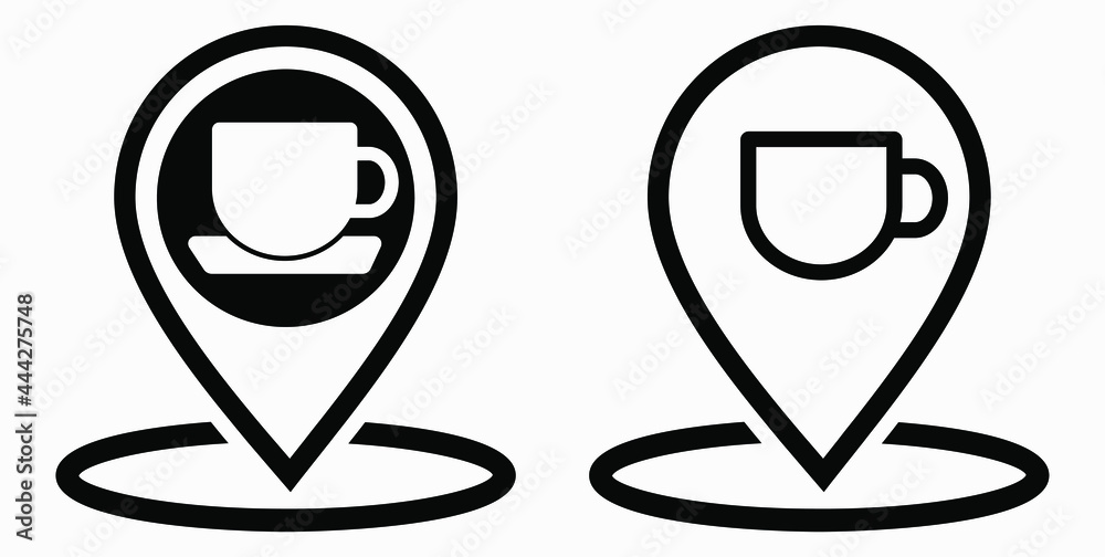 Location of the cafe. GPS and cup. Point on the recreation map. Restaurant icon. Vector icon. Location of the cafe. GPS and cup. Point on the recreation map. Restaurant icon. Vector icon.