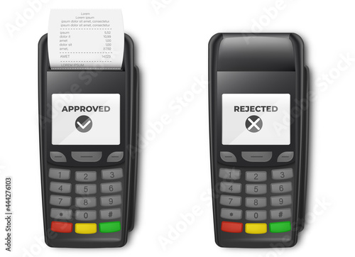 Realistic 3d Detailed Bank POS Terminal with tick marks on screens, credit cards, smartphone and transaction receipt. Mockup template, Top View.