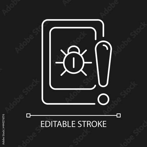 Cell phone bugging white linear icon for dark theme. Tracking mobile device secretly. Thin line customizable illustration. Isolated vector contour symbol for night mode. Editable stroke