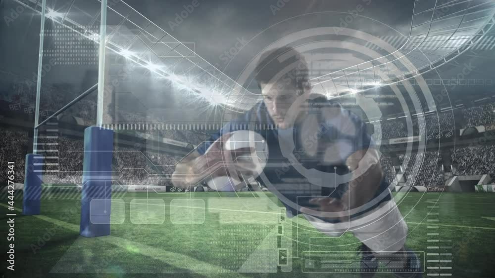 Animation of scope scanning and data processing over rugby players on rugby field Animation of scope scanning and data processing over rugby players on rugby field