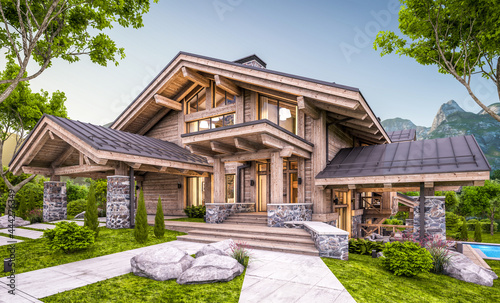 3d rendering of modern cozy chalet with pool and parking for sale or rent.  Massive timber beams columns. Beautiful forest mountains on background. Clear summer evening with cozy light from window photo