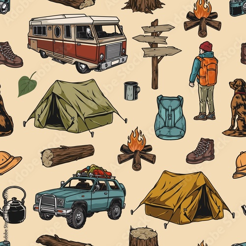 Camping colorful vintage seamless pattern