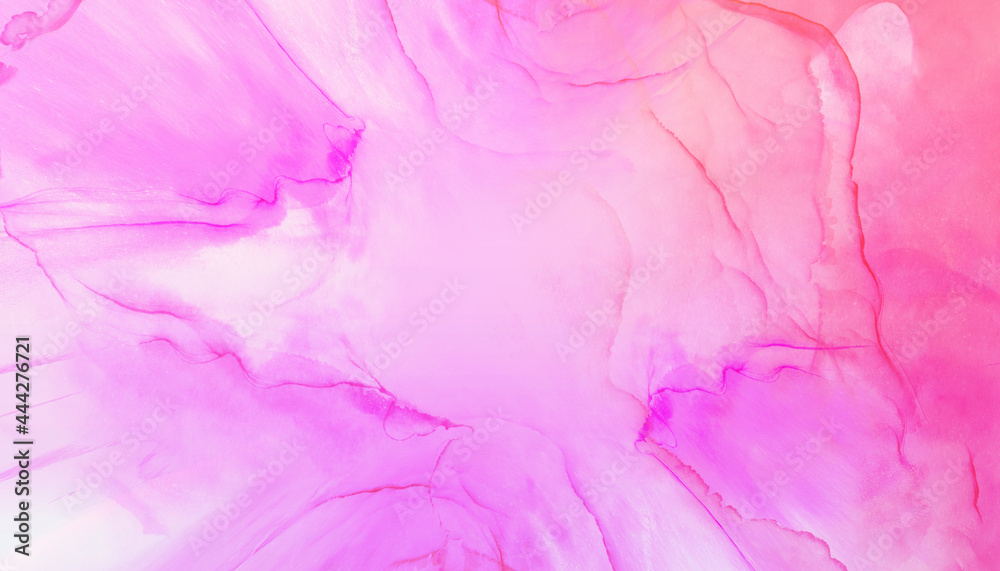 Trendy bright light pink alcohol ink abstract background. Smudged soft flow liquid watercolor paint splash texture effect illustration for card design, modern banners, ethereal graphic design