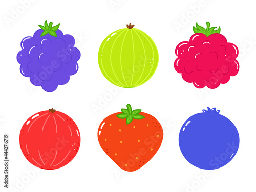 Fototapeta Naklejka Na Ścianę i Meble -  Summer berries. Blueberry, raspberries, gooseberry, blackberry, strawberry, red currants with leaves. Set of berries. Vector cartoon illustration