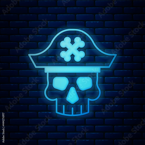 Glowing neon Pirate captain icon isolated on brick wall background. Vector