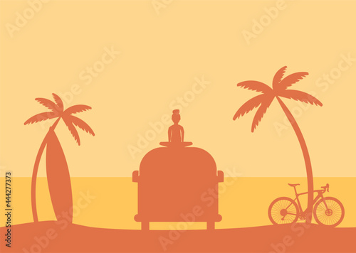 background in orange tones of van life of a girl in front of the sea